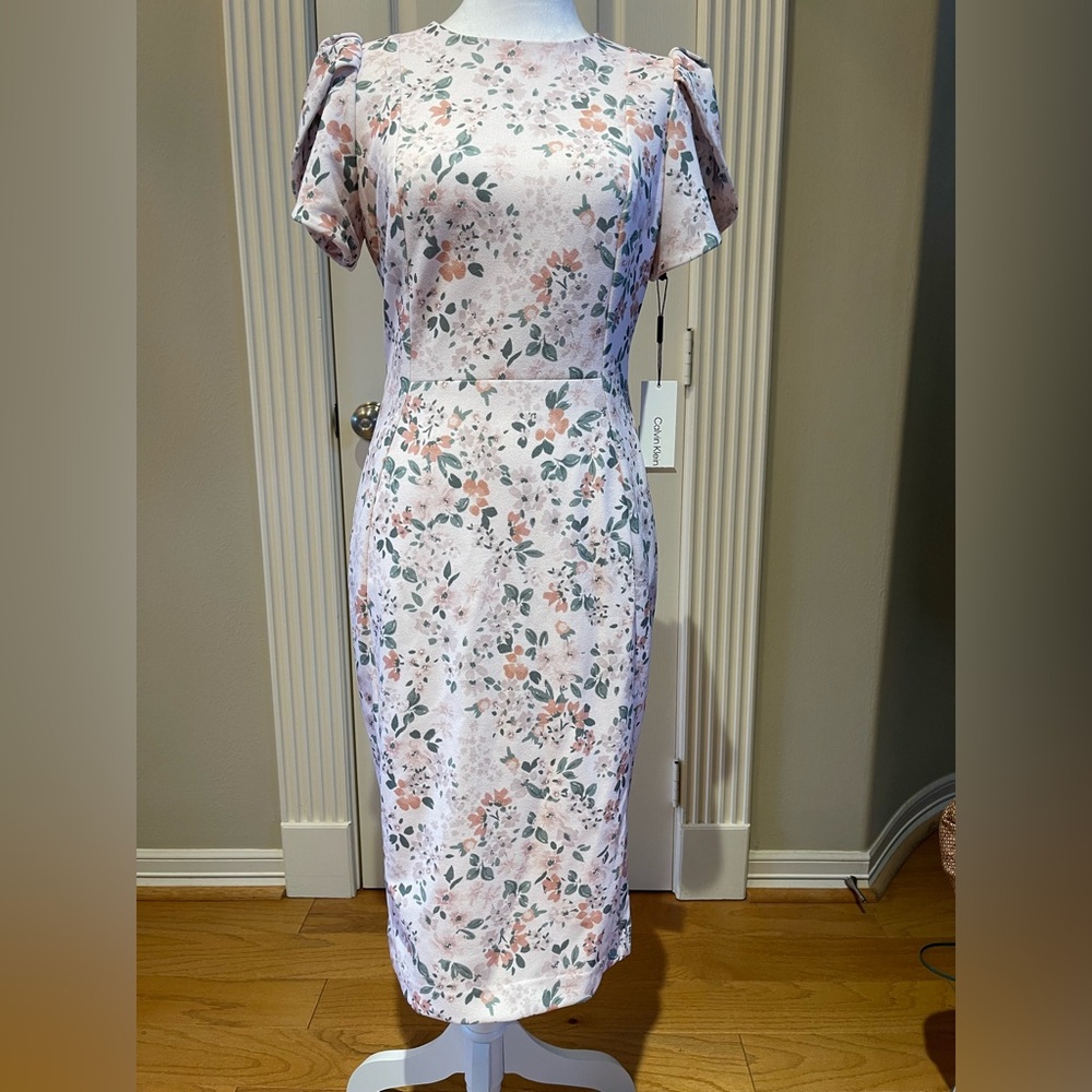 NWT Calvin Klein Tulip Sleeve Floral Sheath Dress Sz 4